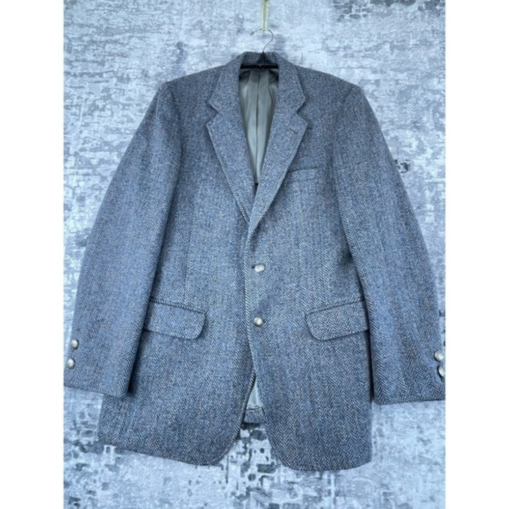 Vtg Fashion Bar Harris Tweed Mens‎ Blazer Blue Herringbone Wool Sport Coat USA
